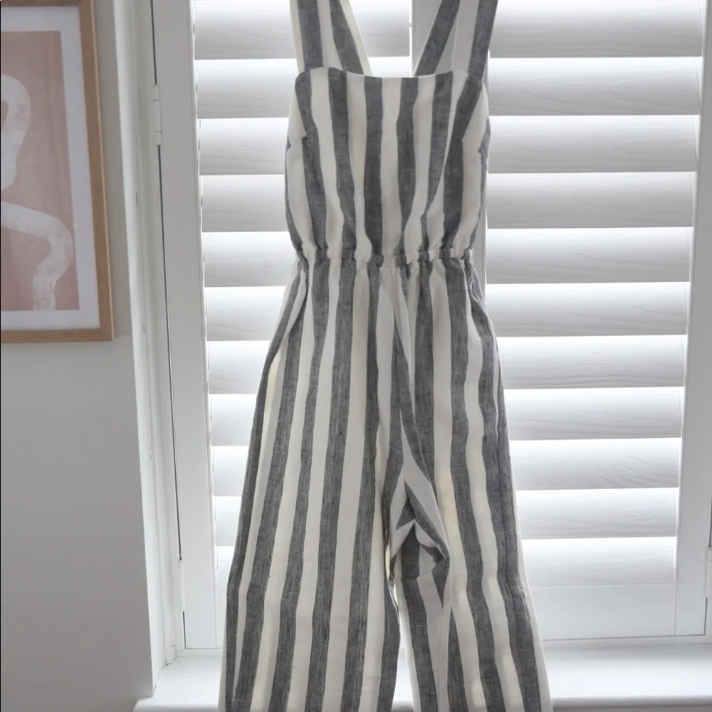 Reformation Striped Black and White Linen Jumpsuit